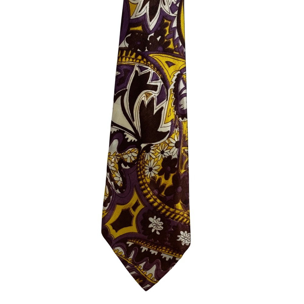 Vintage Vibrant Paisley Artsy Print Silk Neck Tie Retro‎ Purple Yellow wide